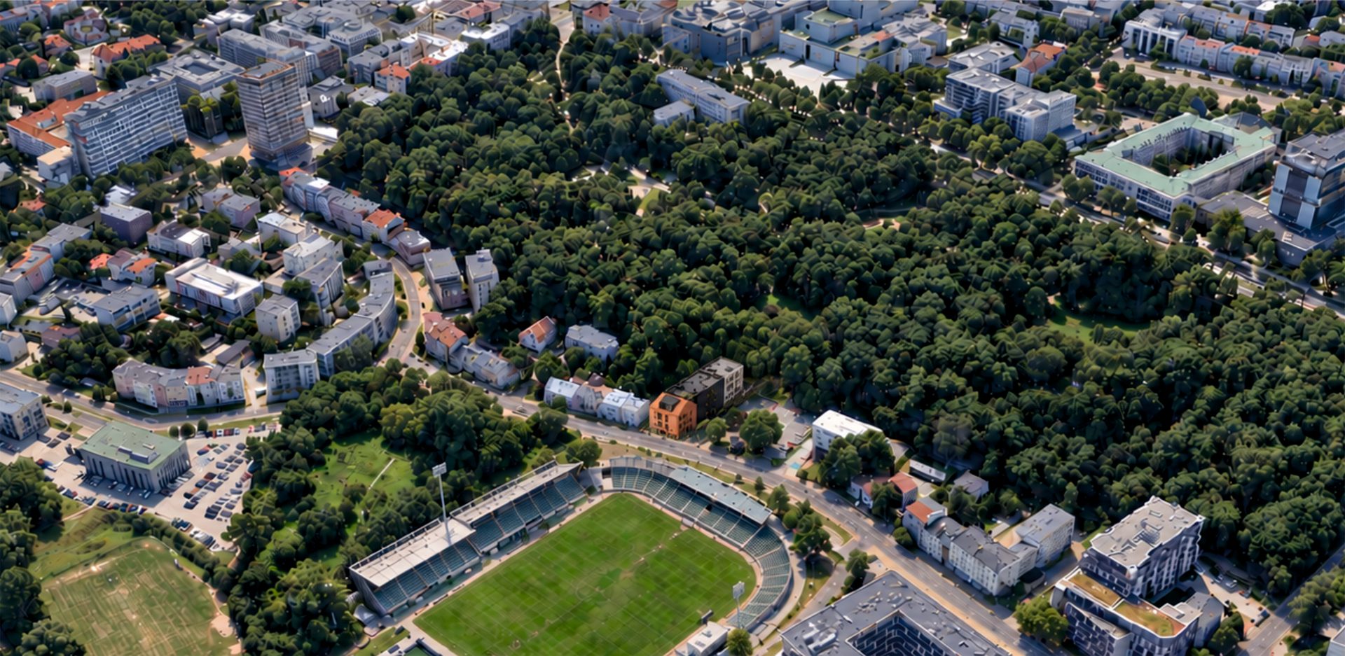 Widok z lotu ptaka na budynek przy ul. Leszczyńskiego 40 w otoczeniu zieleni Ogrodu Saskiego, Lublin