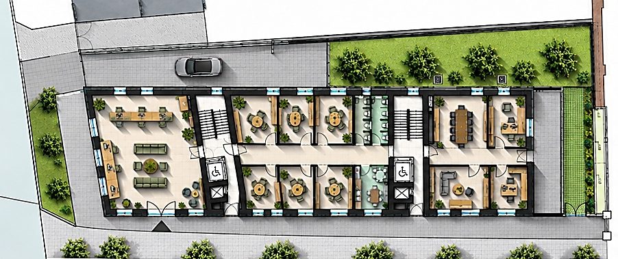 Rzut parteru — przestrzeń biurowa 307 m²