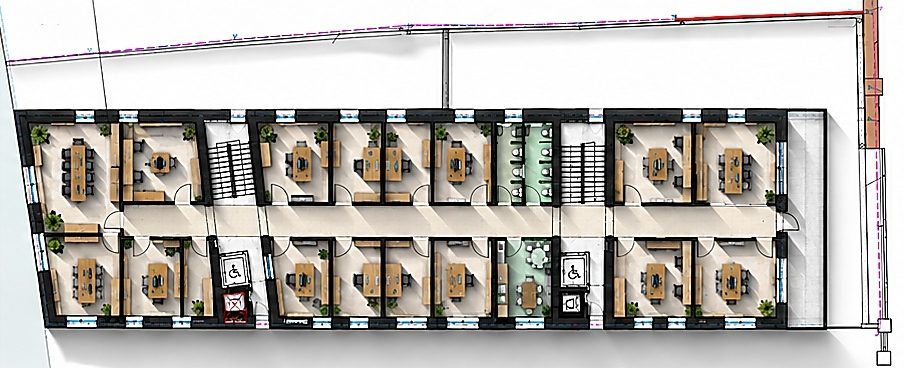 Rzut I piętra — przestrzeń biurowa 305 m²